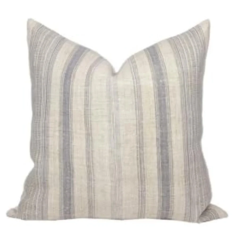 Farmhouse Boho Stripe Beige Gray Linen Pillow Covers SQUARE 24x24” (2-pack)